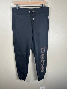 Bebe Sweatpants Size Large Y2K Rhinestone Logo Black Pull On Joggers Athleisure